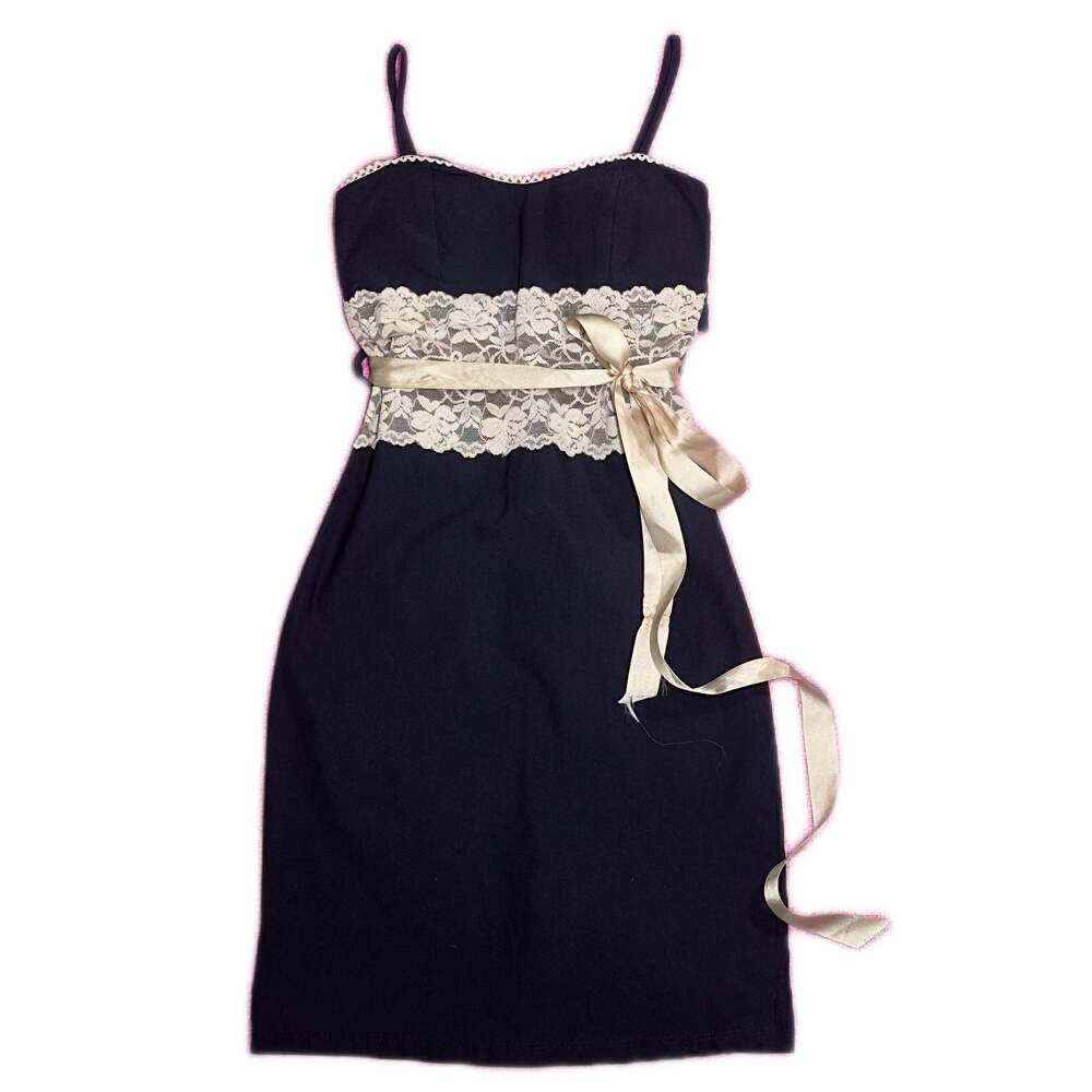Black Spaghetti Strap Mini Dress with cream Lace & Satin Tie Waist